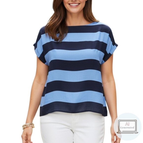 Talbots Womens Top Blue Stripe Tencell Lyocell Cuffed Cap Sleeve Size 16 - Picture 1 of 11